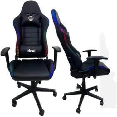 Imagem de Cadeira Gamer Giratória, Couro Sintético, Preta e Branca, com Luzes RGB, Reclinável 160°, Base Metal Reforçado, Suporta 120kg, para Escritório e Gaming