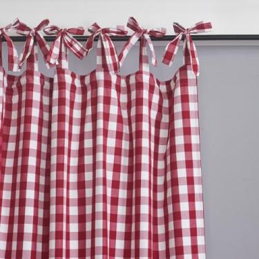 Imagem de gisewood Cortinas xadrez Buffalo Tie-Top – Cortinas de janela estilo fazenda para sala de estar, quarto, cozinha – 2 painéis xadrez vermelho/branco, 132 x 213 cm
