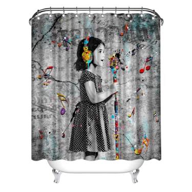 Imagem de Artmyharbor Cortina de chuveiro Banksy Girl decoração de banheiro arte musical 183 x 183 cm preto e branco