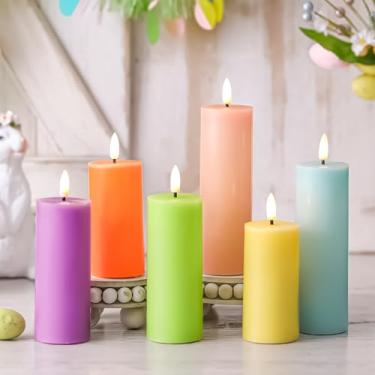 Imagem de Huquary 6 peças de velas de pilar sem chama de Páscoa pastel LED falsas para decoração de casamento, primavera, festa de Páscoa
