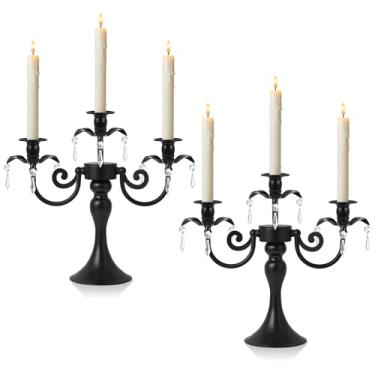 Imagem de KEHAIL Candelabro de metal de 3 braços com pingentes de cristal - Castiçais de 29 cm de altura, conjunto de 2 - Suporte elegante para castiçal cônico para casamento, mesa de jantar, decoração de casa