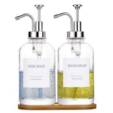 Imagem de Dispensador de sabão de vidro com bomba, prato e dispensador de sabão de mão para cozinha, banheiro, conjunto de 2 dispensadores de vidro transparente com 18 adesivos, funil, bandeja de bambu, 500 ml