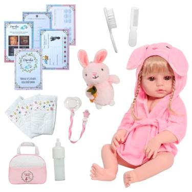 Imagem de Bebê Reborn Boneca Realista Loira Roupão Coelho Bolsa Itens