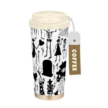 Imagem de TSENQUE Esqueletos de Halloween Animais Preto, Copo de Café de Viagem 473 ml com Palha e Tampa de Filp, Copos de Parede Dupla Isolados a Vácuo com Revestimento Cerâmico para Escritório Escola Festa