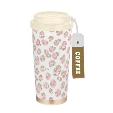 Imagem de Caneca de viagem para café de 40 ml com canudo e tampa de enchimento, revestimento cerâmico, isolamento a vácuo, copo de café de aço inoxidável, à prova de vazamento, manchas rosa pastel