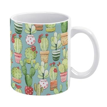 Imagem de Donnapink Padrão sem costura de cactos verdes cactos com flores em vasos, copo de cerâmica branca, caneca de chá de 325 ml, caneca de café, caneca de leite, copo de cerâmica de suco para escritórios