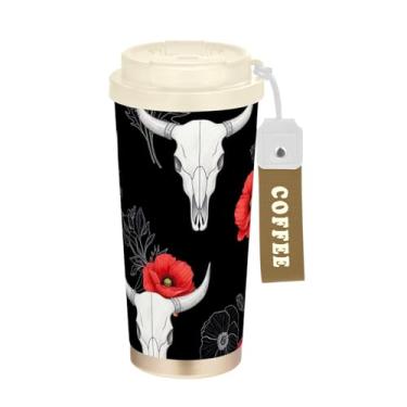 Imagem de Caneca de viagem de café 40 ml com revestimento cerâmico, copo de café de aço inoxidável com canudo e tampa, copo isolado a vácuo, caveiras brancas pretas