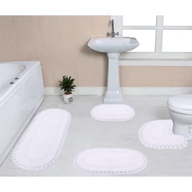 Imagem de Home Weavers Conjunto de tapetes de banheiro de crochê Hampton, coleção absorvente de algodão macio, reversível, lavável na máquina, 43 x 61 cm, 53 x 86 cm, 50 x 50 cm, 53 x 137 cm, branco