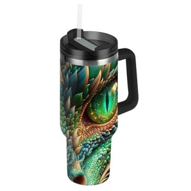 Imagem de Copos de aço inoxidável com tampa e canudo dragão olhos grandes garrafa de água para copo de carro rosa fofo copo de 850 g com alça garrafa de água isolada