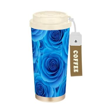 Imagem de TSENQUE Copo de café de 473 ml, copo de café de viagem com revestimento cerâmico com canudo e tampa, copo isolado a vácuo de aço inoxidável, rosas azuis