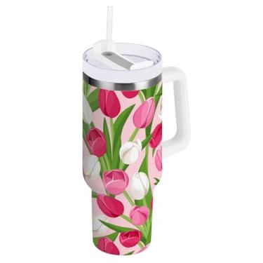 Imagem de Joisal Copo de tulipas rosa copo de água reutilizável com canudo e tampa copo térmico