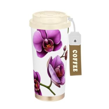 Imagem de TSENQUE Caneca de café de viagem 16+ Oz, copo de café de viagem com revestimento cerâmico com canudo e tampa, copo isolado a vácuo de aço inoxidável, flores de orquídea roxas brancas
