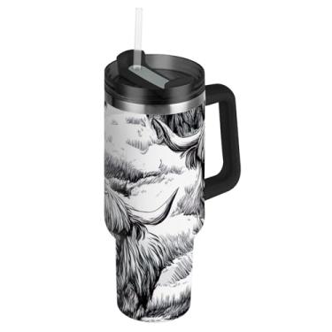 Imagem de Joisal Copo de 1,134 g com alça copos de aço inoxidável com tampas e impressão de canudo garrafas de água isoladas garrafa de água cabe no copo de carro highland gado chifres de pele desgrenhados