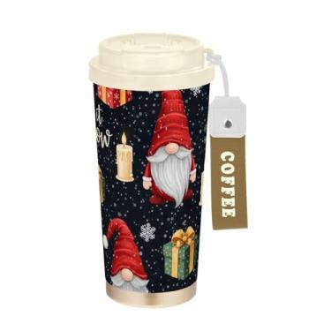 Imagem de TSENQUE Caneca de café de viagem de 473 ml com revestimento cerâmico, copo de café de viagem de aço inoxidável com canudo e tampa de enchimento, copo isolado a vácuo, lindos gnomos de Natal com
