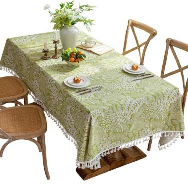 Imagem de Qubjus Toalha de mesa retangular estampada com borlas, tecido de linho de algodão sintético, capa de mesa estilo fazenda rústica para sala de jantar, cozinha (152 x 192 cm, folha verde)