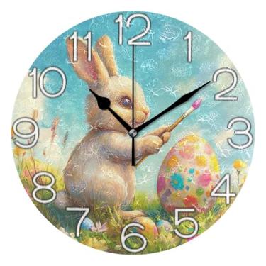 Imagem de Relógio de parede analógico decorativo para sala de aula, relógio de escritório, redondo, sem tique-taque, silencioso, retrô, moderno, art déco, decoração de parede, lindo coelhinho da Páscoa, 25 cm