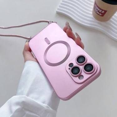 Imagem de Capas foscas com alça de cordão de luxo para iPhone 15, 14, 13, 12, 11 Pro Max Plus, carregamento sem fio, alça transversal, capa com cordão, rosa, para iPhone 11