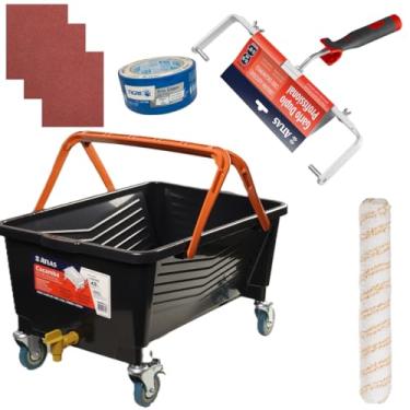 Imagem de Suporte 46cm + Rolo Duplo 46cm 19mm + Caçamba Tampa 43L + 3 Lixas Grão 100 + 3 Lixas Grão 120 + Fita Crepe 48mm