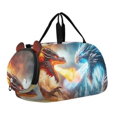 Imagem de Bolsa esportiva moderna margarida floral preta para meninos fim de semana durante a noite para meninas bolsa de viagem bolsa de ginástica infantil, Estampa de dragão de gelo de fogo, Clássico