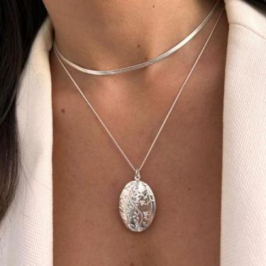 Imagem de Colar Corrente Relicário Oval Banhado a Prata 925 Semijoia Antialergic