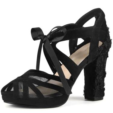 Imagem de Perphy Sandálias femininas com salto plataforma floral Peep Toe de renda e salto grosso, Preto, 36