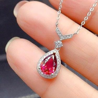 Imagem de Colar com pingente de zircônia cúbica vermelha brilhante para mulheres, joias de noivado de luxo, 40cm 5cm, Metal, Zircônia cúbica
