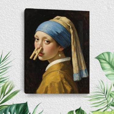 Imagem de Funny Girl with a Pearl Earring Tela de Banheiro Arte de Parede Beliscar Nariz Decoração de Parede Humor Menina Pintura Imagem Caprichosa Divertida Arte de Banheiro Pôster Impressão para Casa de