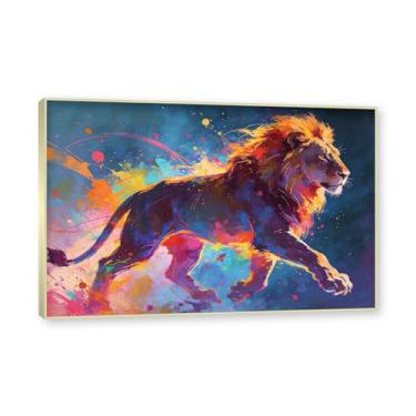 Imagem de NHLDZYH Moldura dourada. Pintura salpicada de leão pintura em tela abstrata arte animal mural vívido chama a atenção para sala de estar decoração moderna para casa. A93. 70 x 105 cm.