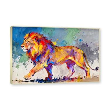 Imagem de NHLDZYH Moldura dourada. Quadro abstrato de leão - arte moderna com salpicos de cor vibrante - arte de parede energética para casa, escritório ou negócios - tela decorativa. A54. 30 x 45 cm.