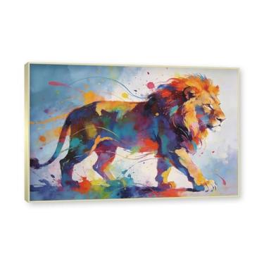 Imagem de NHLDZYH Moldura dourada. Pintura de leão colorida, impressão de arte abstrata vibrante, decoração de parede de animais selvagens e enérgicos, tela contemporânea moderna para quarto, academia, quarto