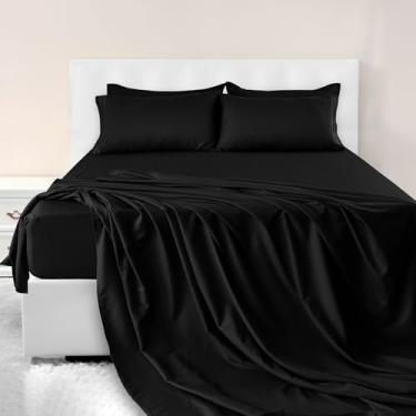 Imagem de Jogo de lençol Queen com decoração LUX – 4 peças de microfibra ultramacia com lençol de cima, lençol de elástico e fronhas de 40,6 cm, refrescante e respirável, hotel luxuoso, Oeko-TEX - preto