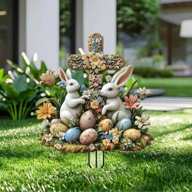 Imagem de Estacas de jardim de coelho de Páscoa decoração de jardim acrílico - decoração de placa de acrílico de jardim 2D, arte de quintal de fantasia, presente para amantes da natureza, para vasos de flores