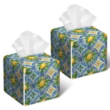 Imagem de Capa de caixa de lenços de limão aquarela 2 peças, suporte de caixa de lenços de couro azul azulejo quadrado capa de papel facial caixa de lenços organizador de cubo para banheiro, quarto, mesa
