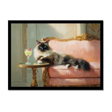 Imagem de Gato preto com estampa de arte de Martini fofo gato peculiar coquetel bar decoração moderna casa cozinha arte de parede pintura em tela pôster estética (SKU10,16x24") (40 x 60 cm), moldura preta para