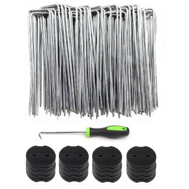 Imagem de Grampos de paisagem galvanizados de 200 peças de 200 peças com junta de 200 peças, estacas de tecido de paisagismo, estacas de barreira de ervas daninhas, pontas de jardim, grampos de cobertura de