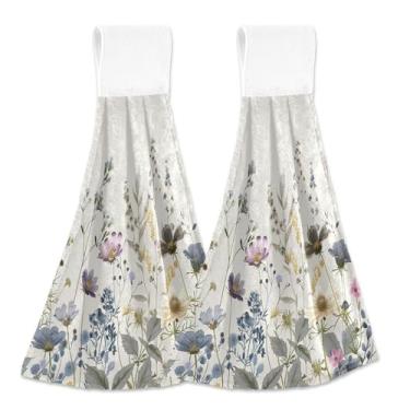 Imagem de xigua Conjunto de 2 toalhas de cozinha coloridas de flores silvestres, toalhas de cozinha macias e absorventes rápidas com laço para pendurar e adesivos mágicos, toalhas de mão de pano para pendurar