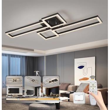 Imagem de Luminária de teto LED moderna e regulável para sala de estar, luminária de teto quadrada criativa em acrílico preto, lustre para sala de jantar, quarto, cozinha e ilha (112 cm de comprimento