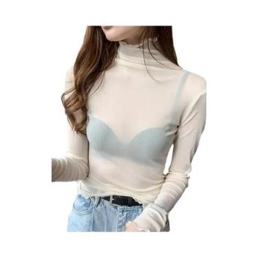 Imagem de Blusa Sexy Feminina De Malha Transparente Com Manga Longa E Gola Alta,