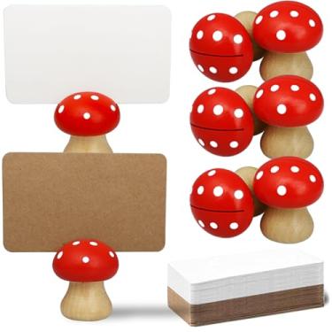 Imagem de 8 porta-cartões fofos de madeira e 32 peças de cartões Kraft, mini porta-números de mesa de cogumelos, etiquetas de alimentos para buffet, porta-fotos de cartão de visita, para festa de casamento e