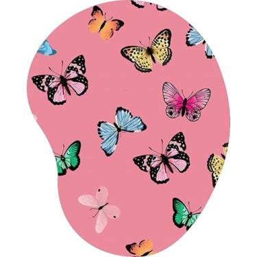 Imagem de Mouse Pad Ergonômico Gota Borboletas Coloridas Fundo Rosa