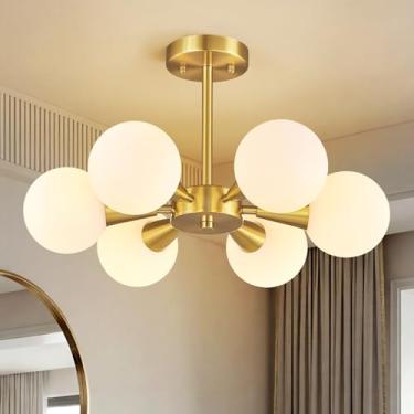 Imagem de LBSQJ Luminária De Teto Moderna De Meados Do Século Com Abajur De Vidro Branco Leitoso, Luminária De Teto Semi-Embutida Dourada, Lustre Sputnik Para Quarto, Sala De Estar, Sala De Jantar, Hall De En