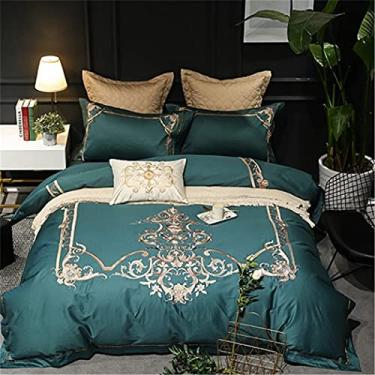 Imagem de Conjunto de cama real de luxo verde, Queen King, conjunto de lençóis de cama com bordado oriental (1 King Size 4 peças)