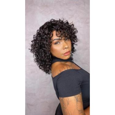 Imagem de Peruca de Cabelo Humano Cacheado Mali Preta com Franja - 40 cm - Cia d