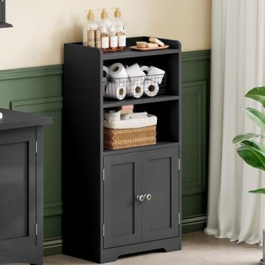 Imagem de ChooChoo Armário de armazenamento pequeno para banheiro, armário estreito de papel higiênico com 2 portas e prateleiras, armário independente para piso de banheiro e organizadores para espaços