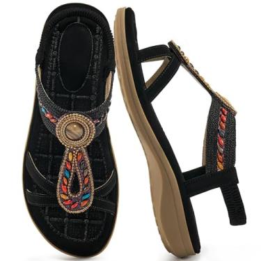 Imagem de Ecetana Sandálias femininas elegantes de verão confortáveis sem cadarço boêmia sandálias rasteiras sapatos de praia para caminhadas, Preto, 35