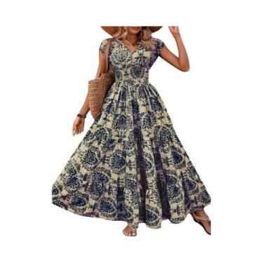 Imagem de Vestido Longo Casual plus Size Com Estampa Floral Boêmia, Decote Em V,