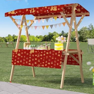 Imagem de Carrinho móvel de fornecedor de alimentos com dossel - Carrinho de mão leve de madeira, fácil montagem com toalhas de mesa elegantes para pequenas empresas (largura de 150 cm)