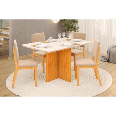 Imagem de Conjunto: Mesa de Cozinha Hera c/ Tampo Madeirado c/ Vidro Reto 120x90cm e 4 Cadeiras Talia Cedro/Off White - Suede Creme - DJ Móveis