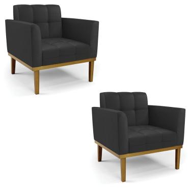 Imagem de Kit 2 Poltronas Decorativas Pés Fixo Em Madeira Castanho Pu Preto