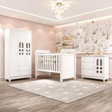 Imagem de Quarto Bebê Completo Berço Americano Marquesa 3Em1 Mirelle Guarda Roupa 3 Portas Cômoda Infantil 100% MDF